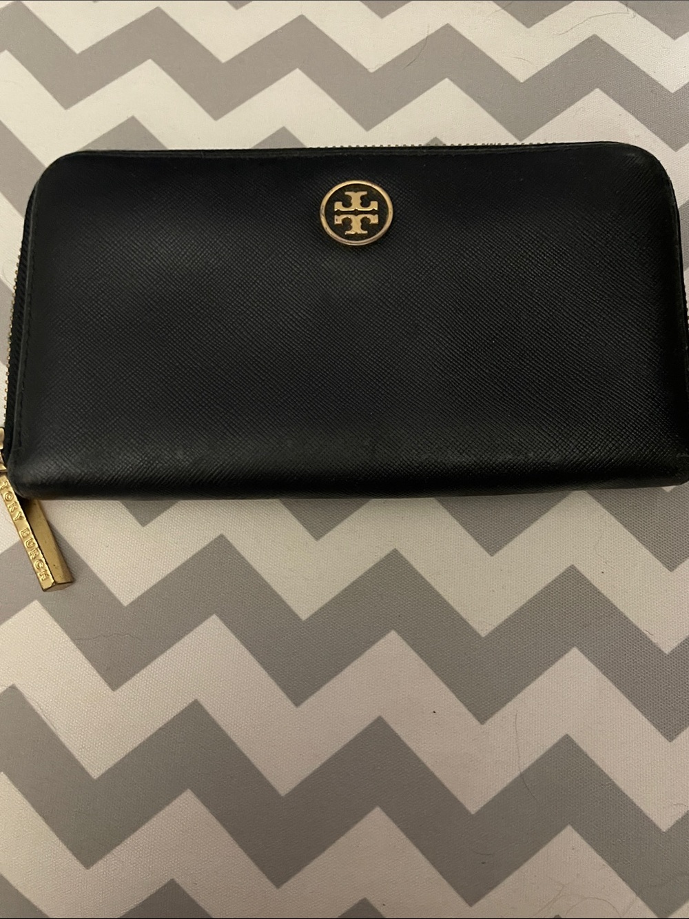 Tory Burch Black Leather Zip Wallet with Gold Logo